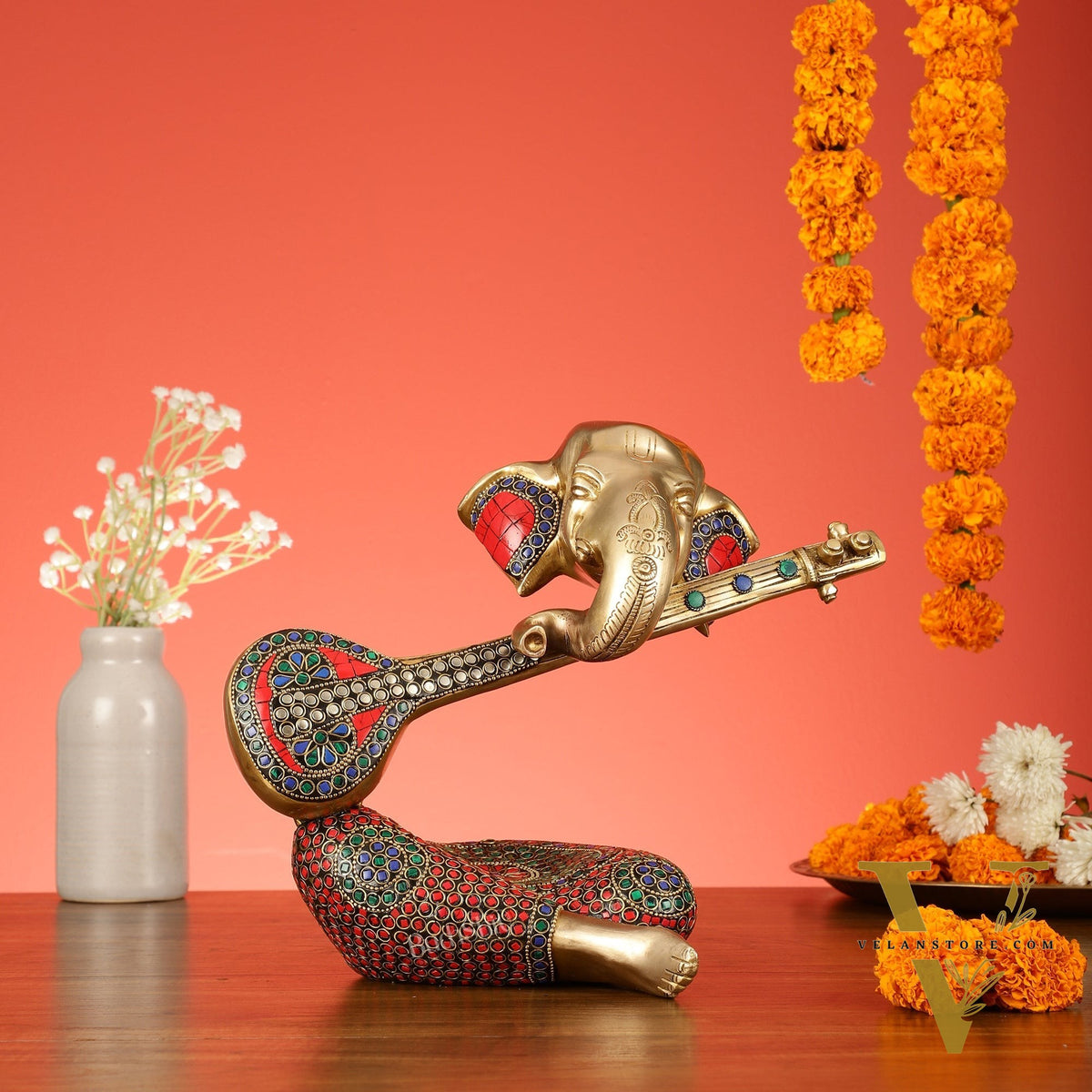 Brass Lord Ganesha with Veena Table Accent Showpiece - 9.5 Inch