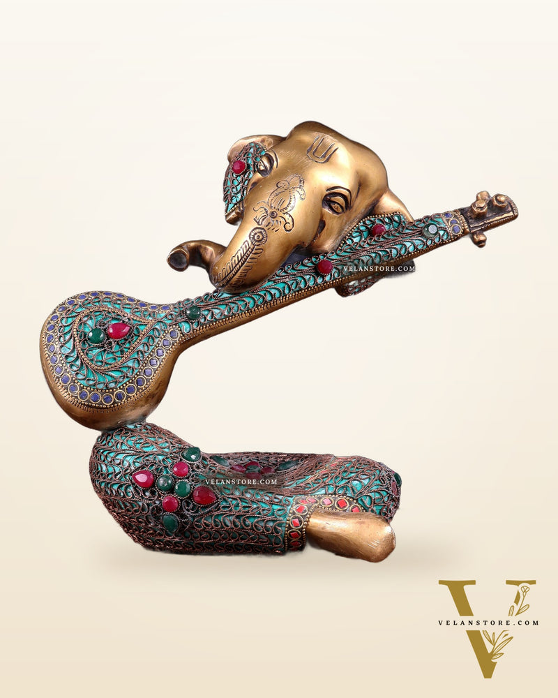 Brass Lord Ganesha with Veena Table Accent Showpiece - 9.5 Inch copper wire work