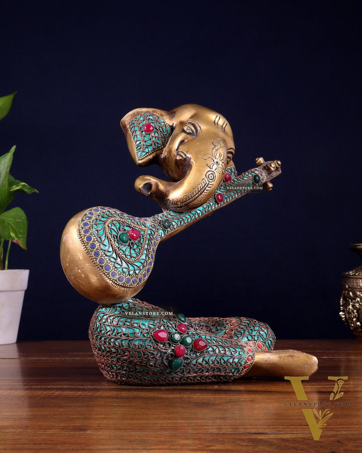 Brass Lord Ganesha with Veena Table Accent Showpiece - 9.5 Inch copper wire work