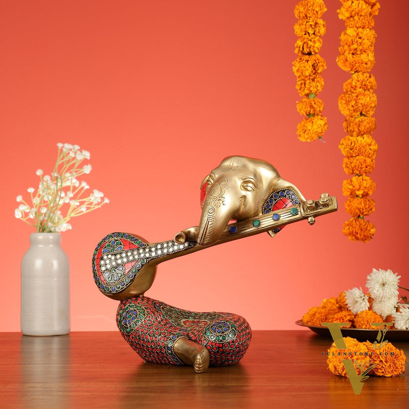 Brass Lord Ganesha with Veena Table Accent Showpiece - 9.5 Inch