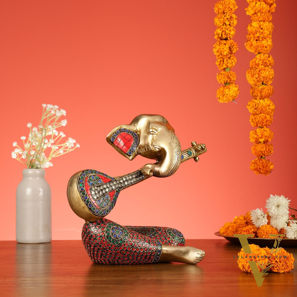 Brass Lord Ganesha with Veena Table Accent Showpiece - 9.5 Inch