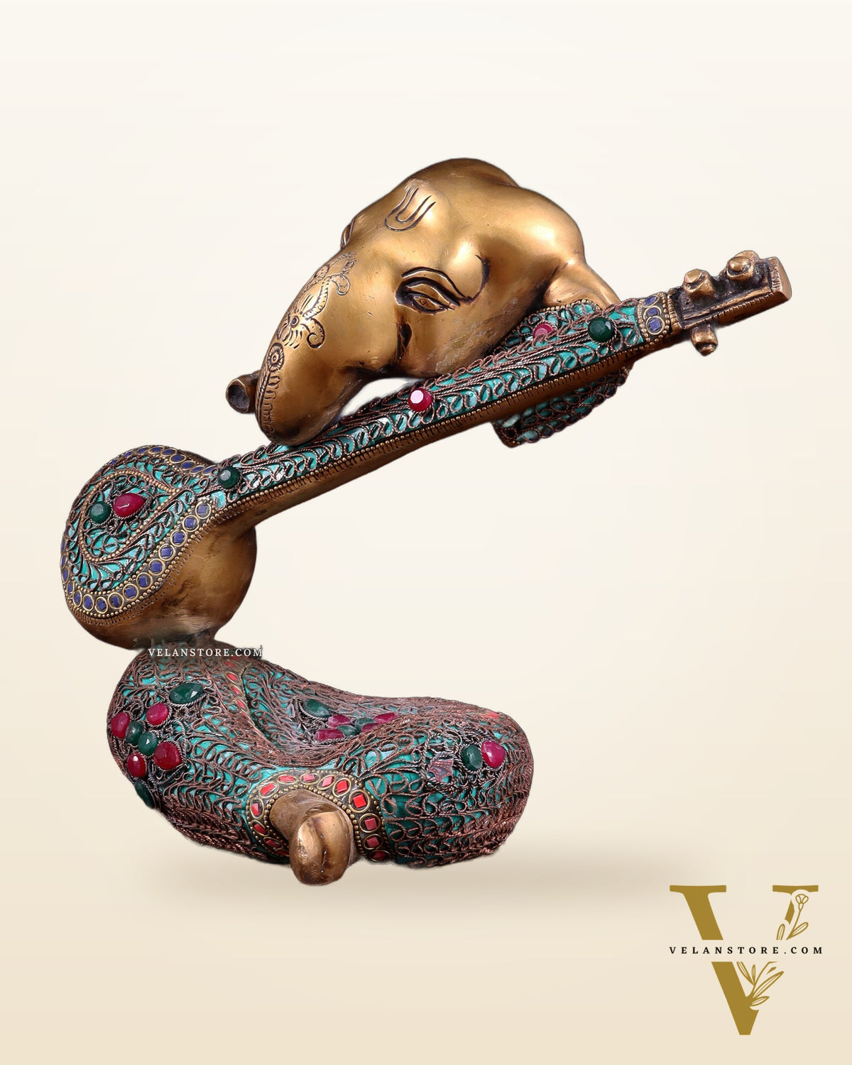 Brass Lord Ganesha with Veena Table Accent Showpiece - 9.5 Inch copper wire work