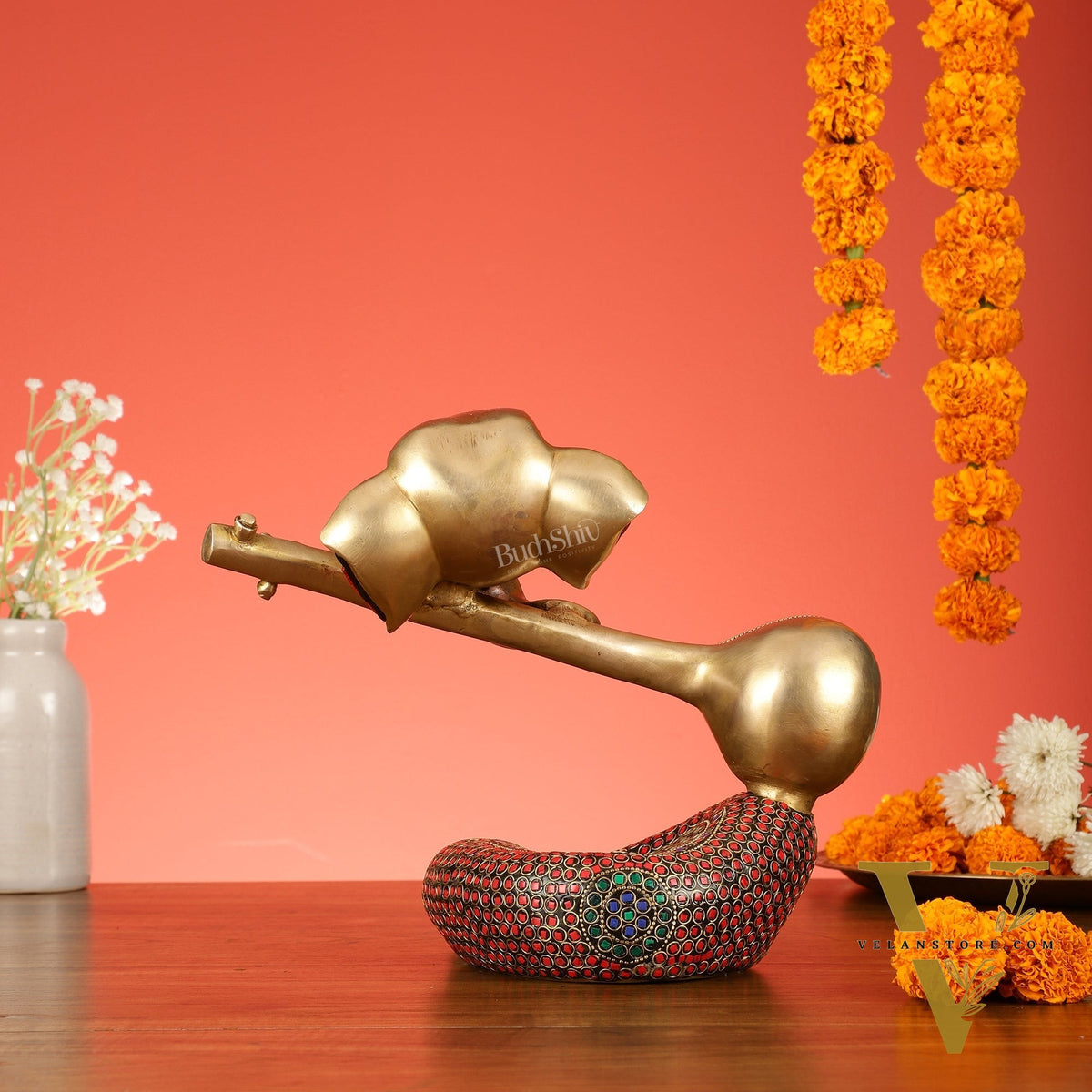Brass Lord Ganesha with Veena Table Accent Showpiece - 9.5 Inch