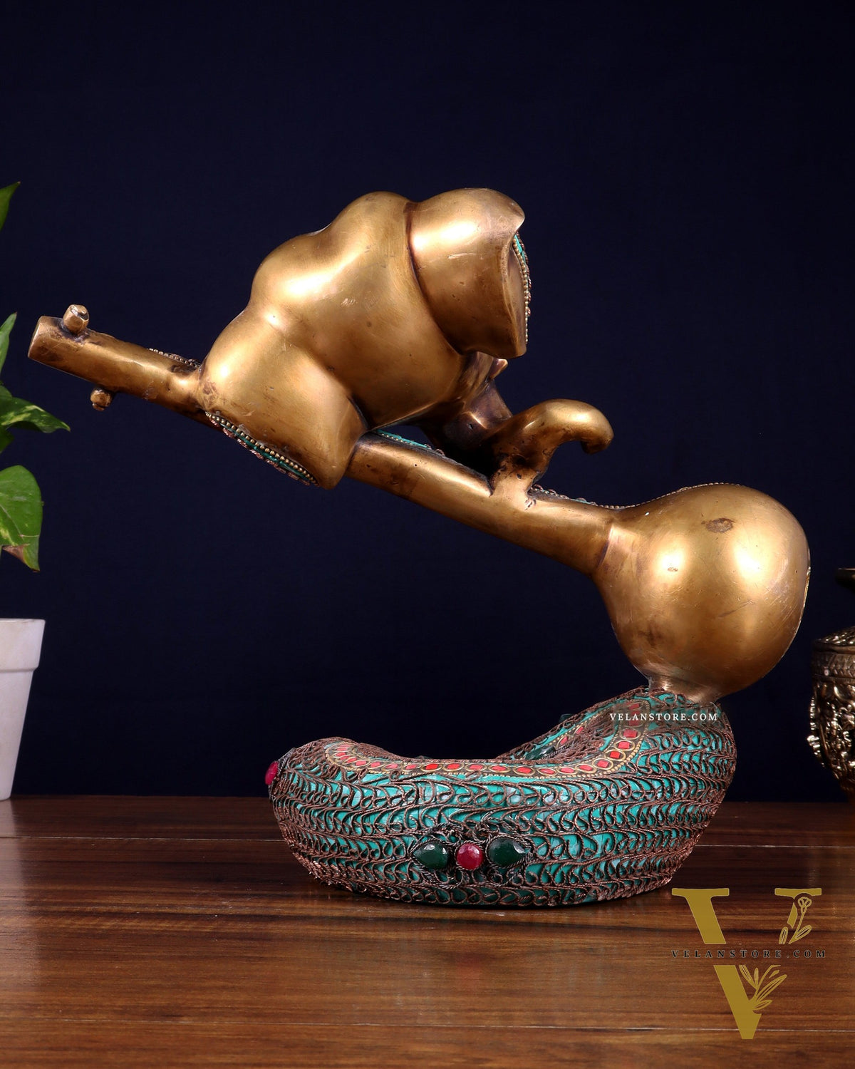 Brass Lord Ganesha with Veena Table Accent Showpiece - 9.5 Inch copper wire work