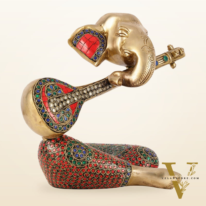 Brass Lord Ganesha with Veena Table Accent Showpiece - 9.5 Inch