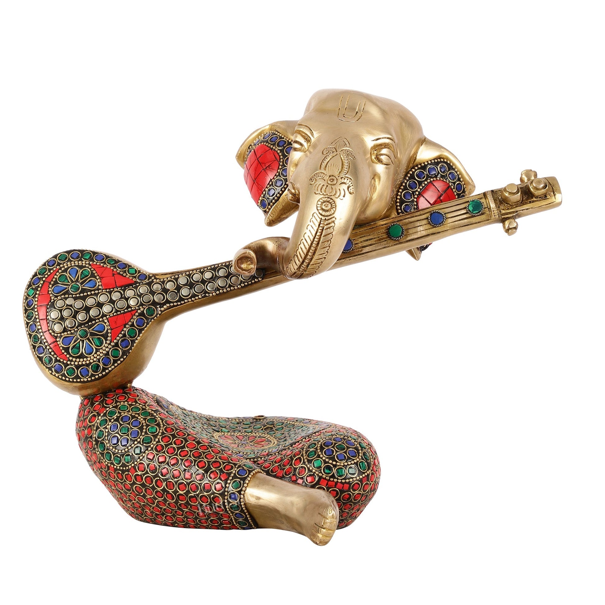 Brass Lord Ganesha with Veena Table Accent Showpiece - 9.5 Inch