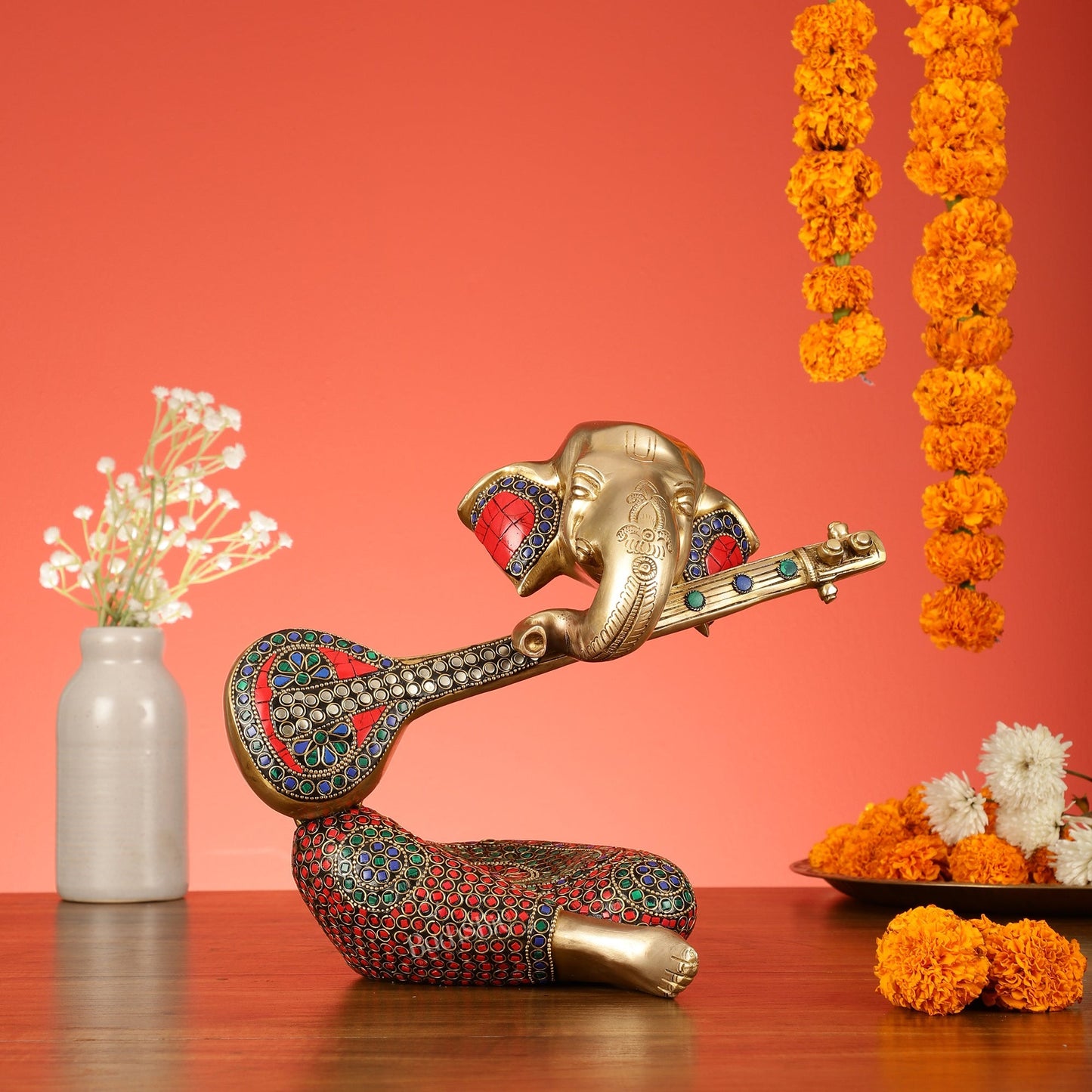Brass Lord Ganesha with Veena Table Accent Showpiece - 9.5 Inch