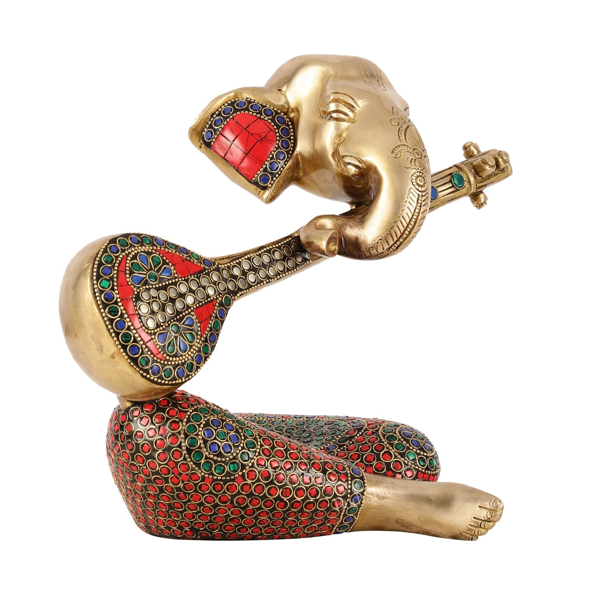 Brass Lord Ganesha with Veena Table Accent Showpiece - 9.5 Inch