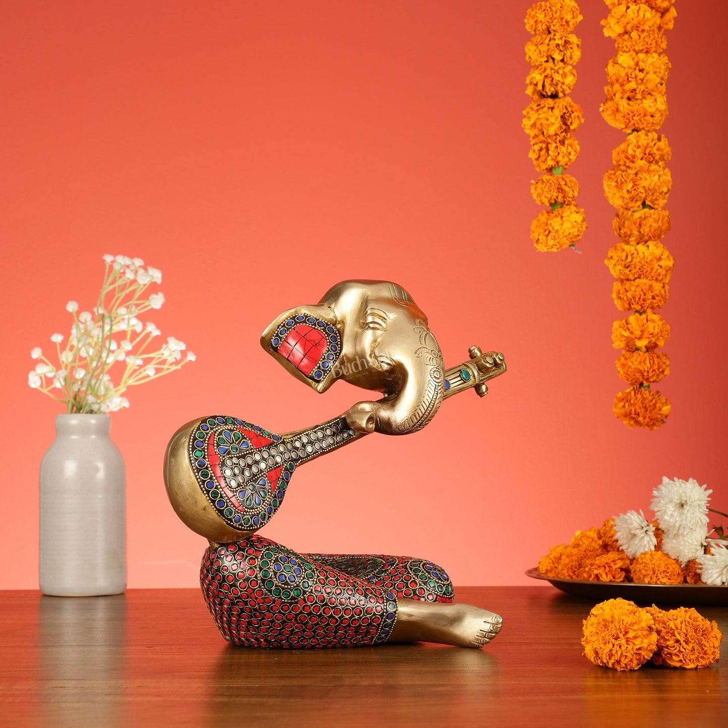 Brass Lord Ganesha with Veena Table Accent Showpiece - 9.5 Inch