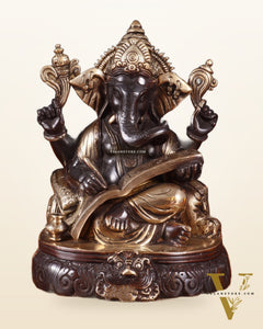 Brass Lord Ganesha Writing Statue – 7.5 Inch black tone