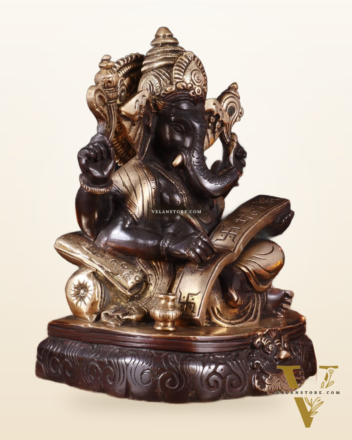 Brass Lord Ganesha Writing Statue – 7.5 Inch black tone