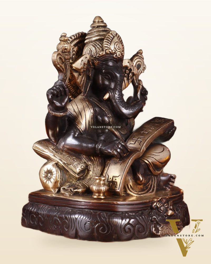 Brass Lord Ganesha Writing Statue – 7.5 Inch black tone