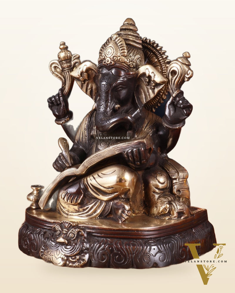 Brass Lord Ganesha Writing Statue – 7.5 Inch black tone