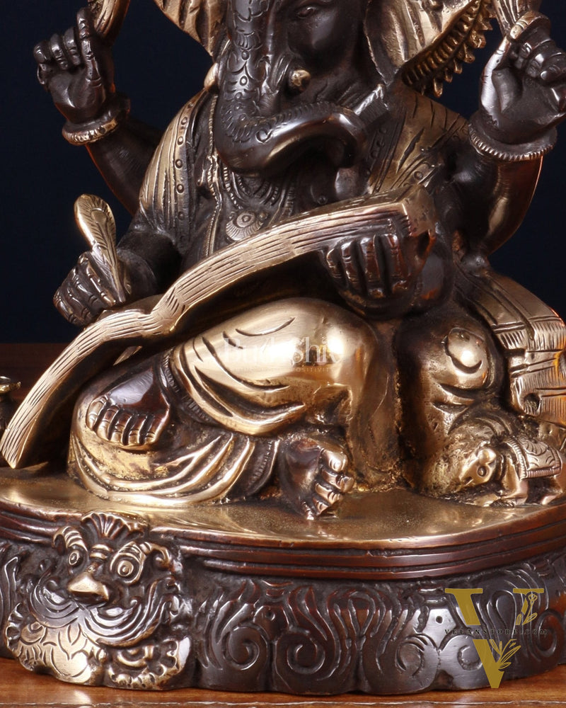 Brass Lord Ganesha Writing Statue – 7.5 Inch black tone