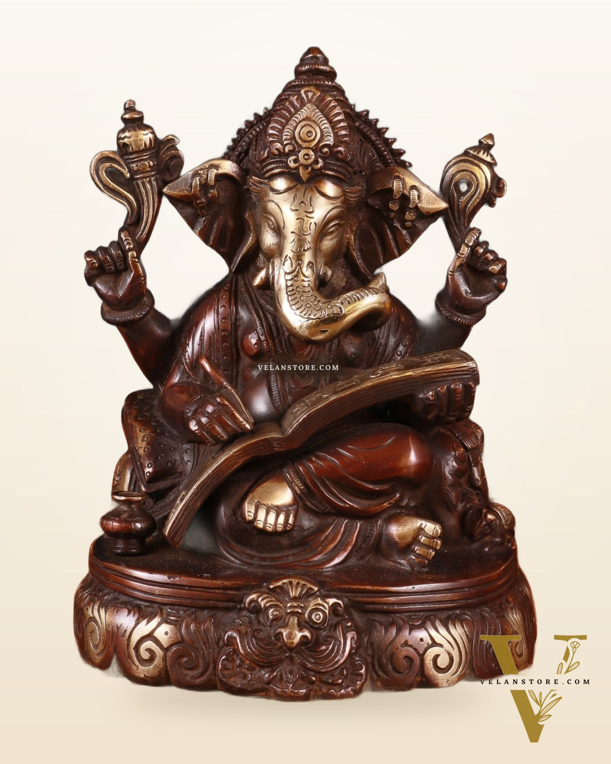 Brass Lord Ganesha Writing Statue – 7.5 Inch brown tone