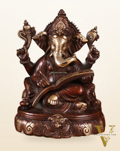 Brass Lord Ganesha Writing Statue – 7.5 Inch brown tone
