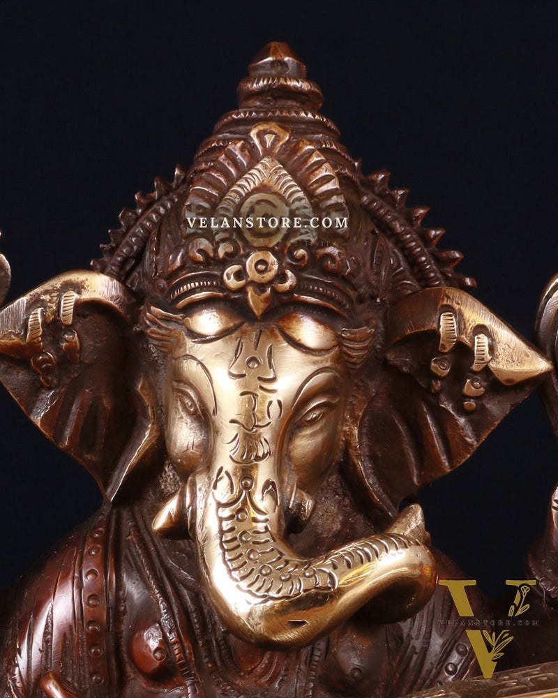 Brass Lord Ganesha Writing Statue – 7.5 Inch brown tone