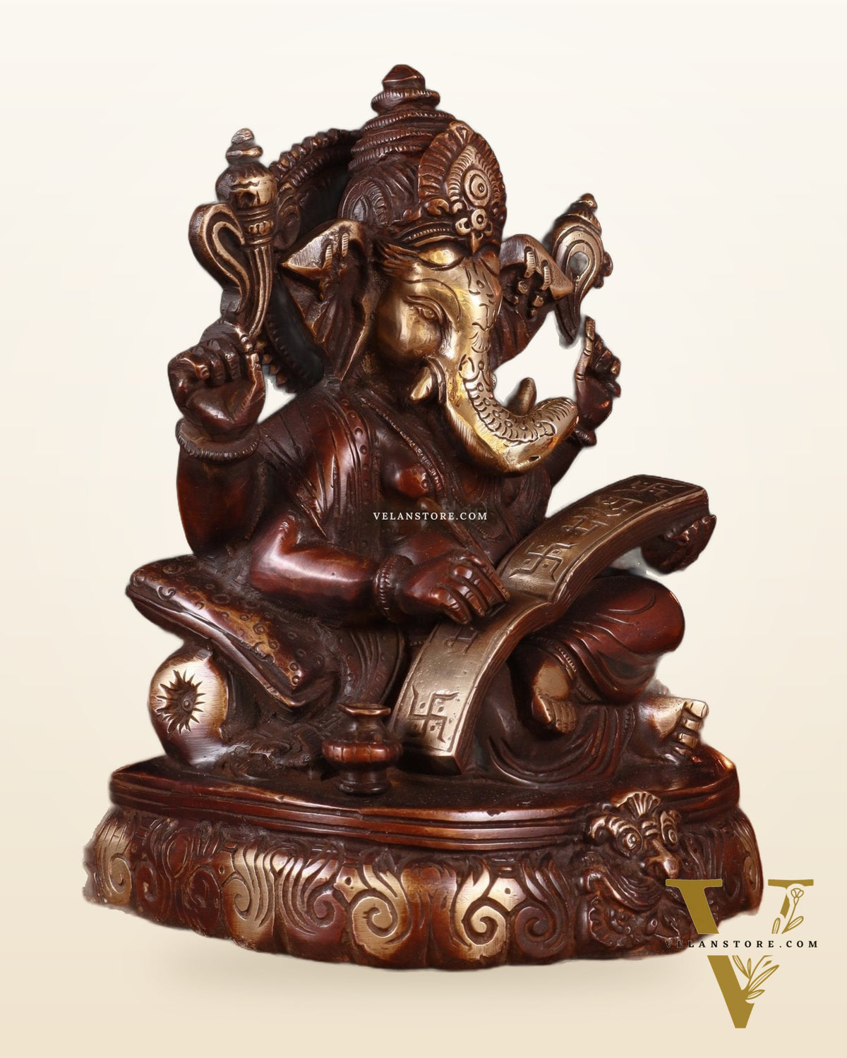 Brass Lord Ganesha Writing Statue – 7.5 Inch brown tone