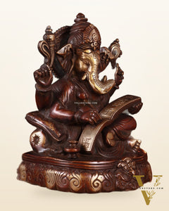 Brass Lord Ganesha Writing Statue – 7.5 Inch brown tone