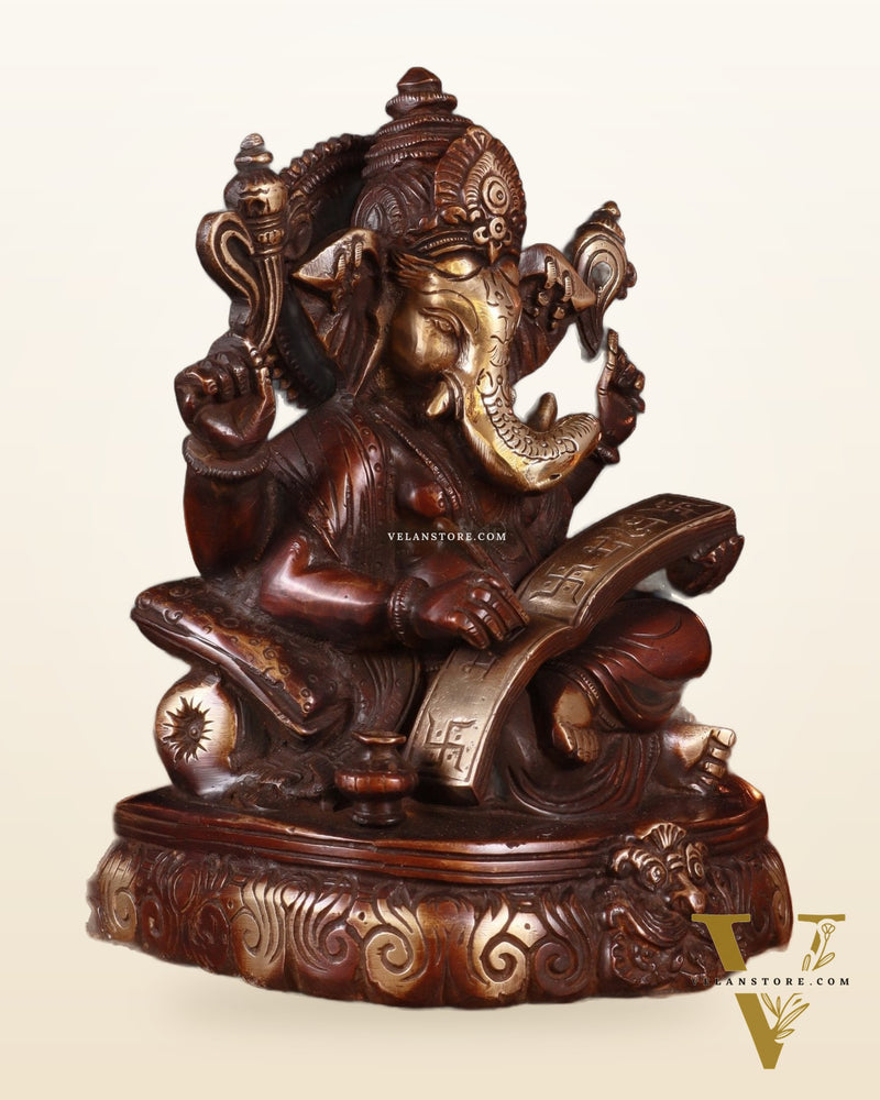 Brass Lord Ganesha Writing Statue – 7.5 Inch brown tone