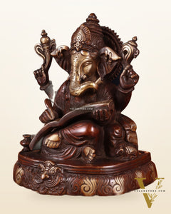 Brass Lord Ganesha Writing Statue – 7.5 Inch brown tone