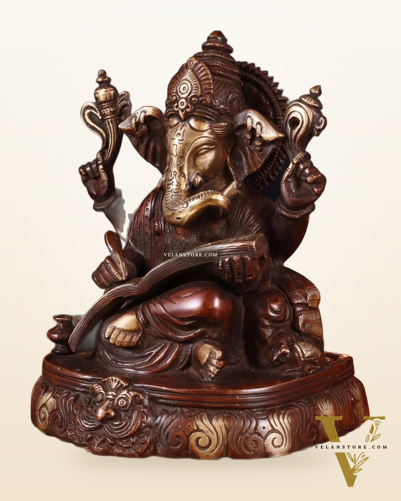 Brass Lord Ganesha Writing Statue – 7.5 Inch brown tone