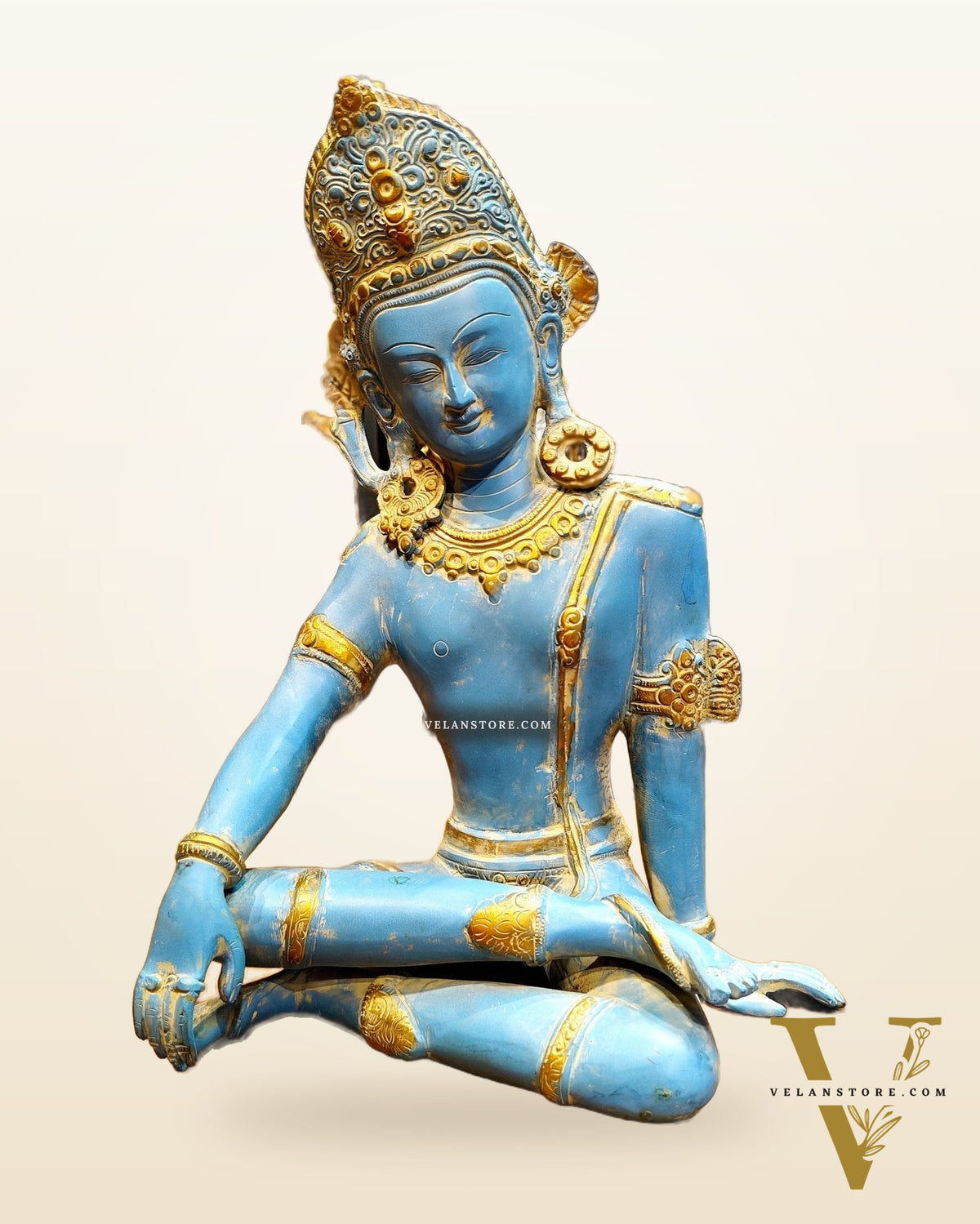 Brass Lord Indra Dev Idol with Blue Patina - 14 inch