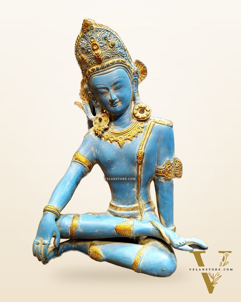 Brass Lord Indra Dev Idol with Blue Patina - 14 inch