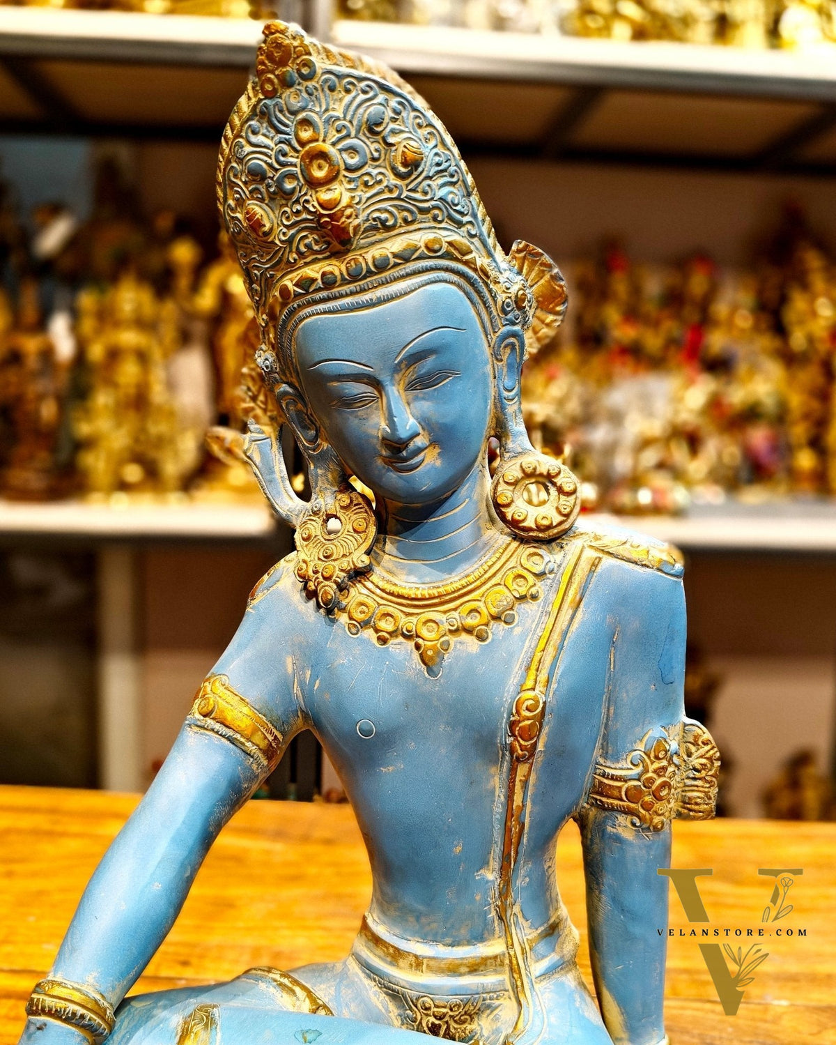 Brass Lord Indra Dev Idol with Blue Patina - 14 inch