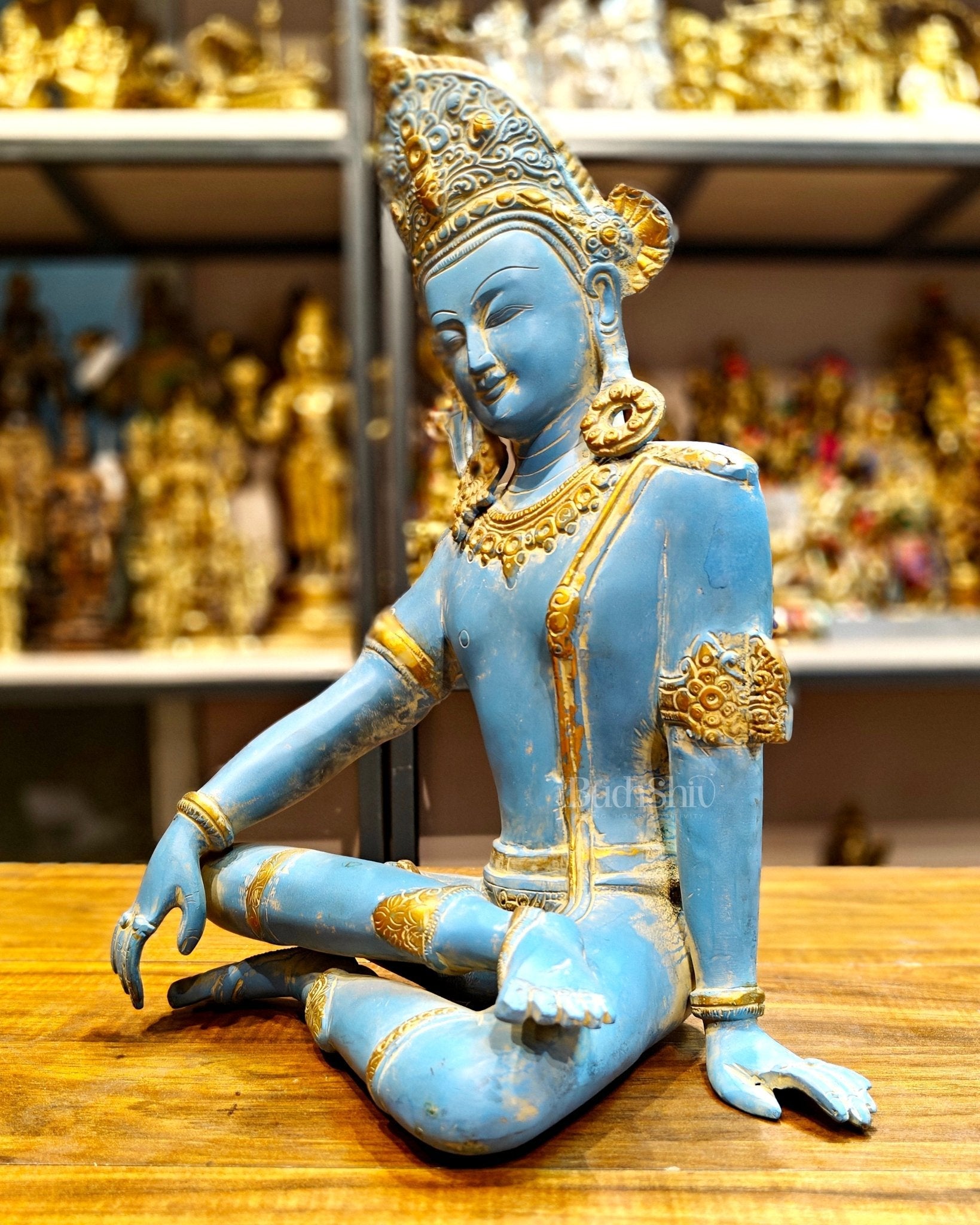Brass Lord Indra Dev Idol with Blue Patina - 14 inch