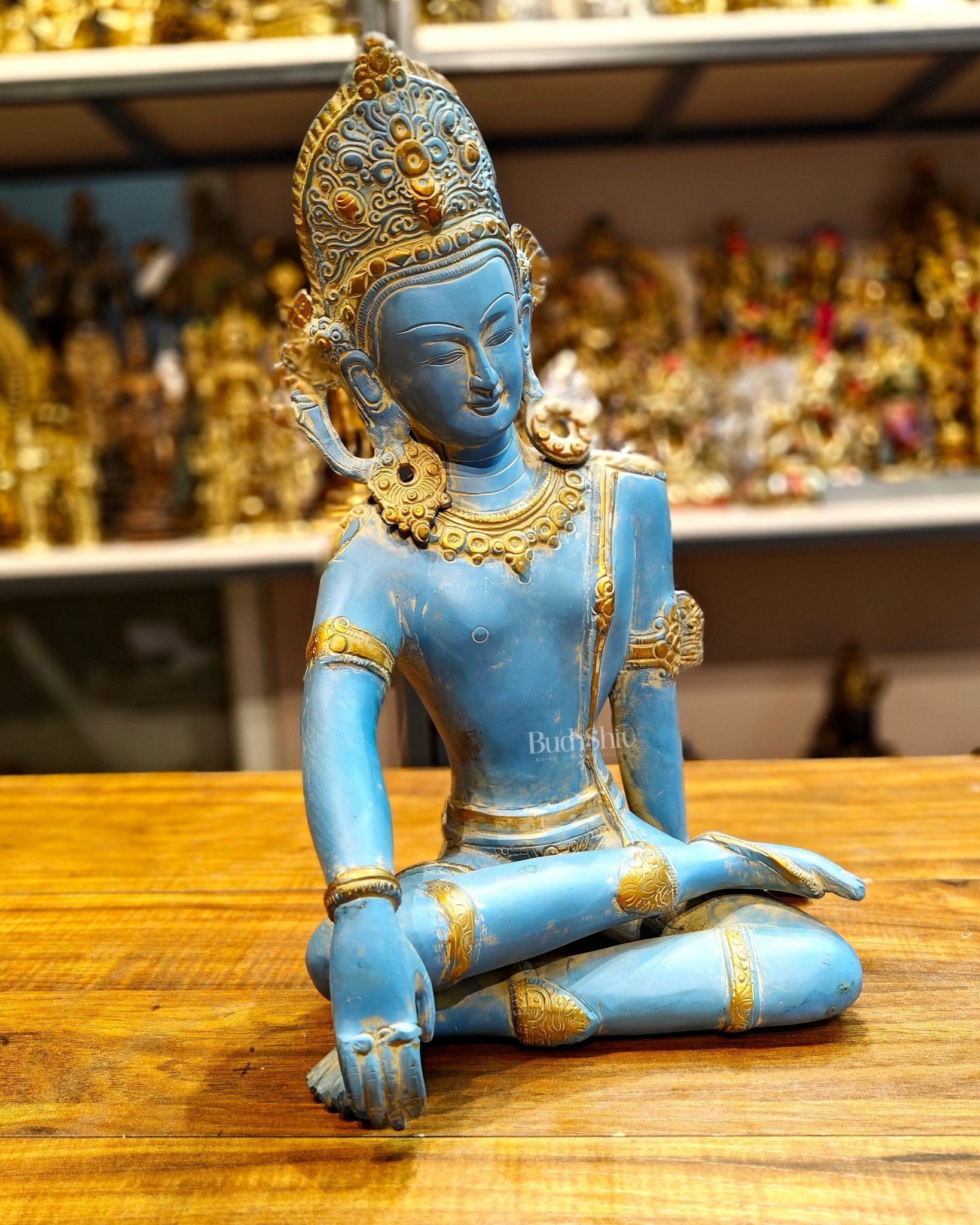 Brass Lord Indra Dev Idol with Blue Patina - 14 inch