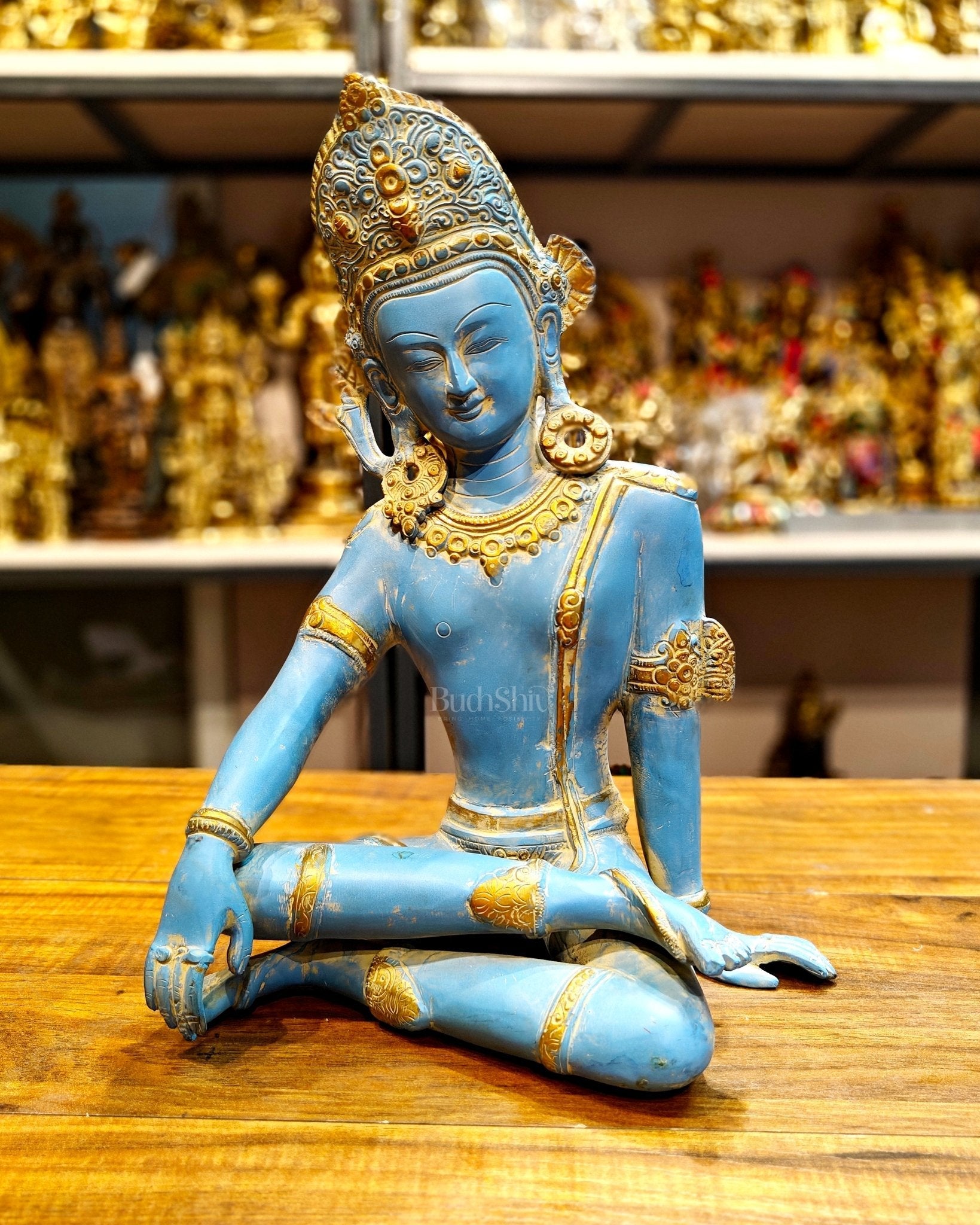 Brass Lord Indra Dev Idol with Blue Patina - 14 inch