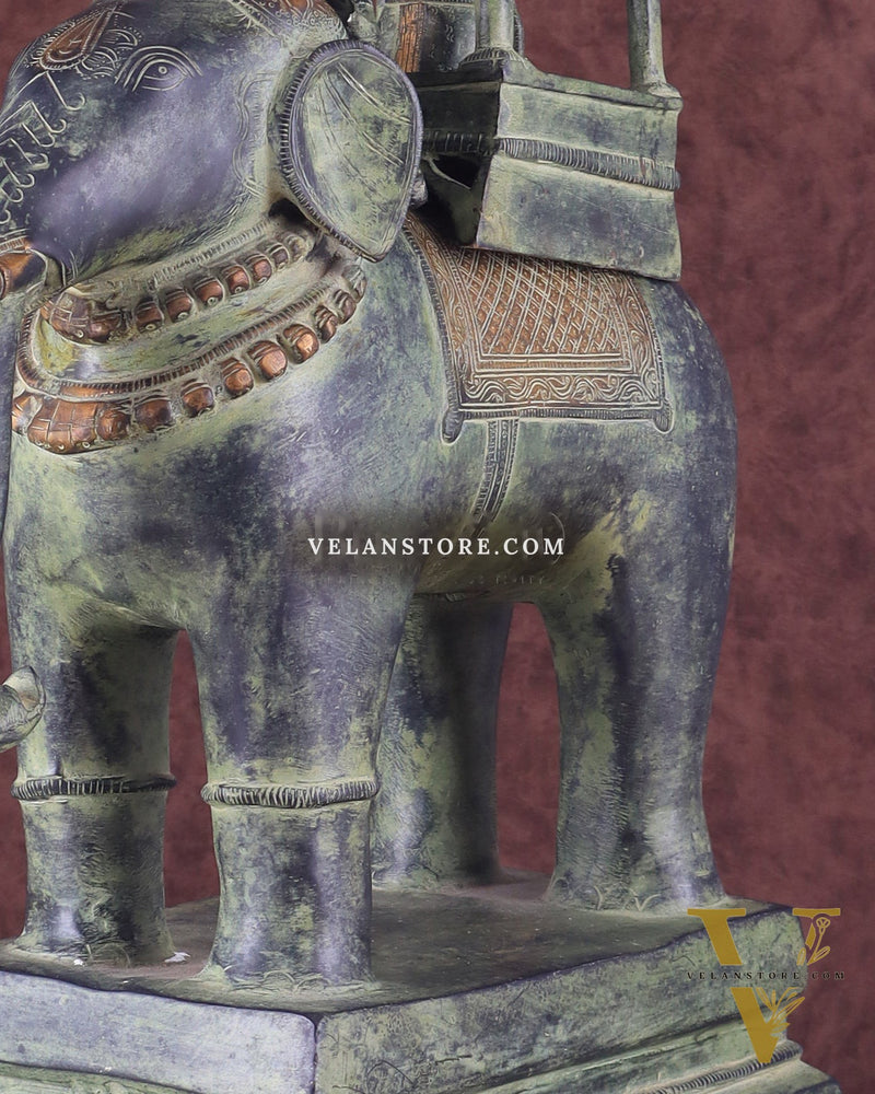 Brass Lord Indra Statue on Elephant – Vintage Sand Patina Finish 21.5"