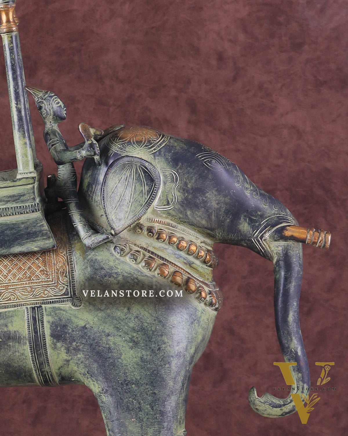 Brass Lord Indra Statue on Elephant – Vintage Sand Patina Finish 21.5"