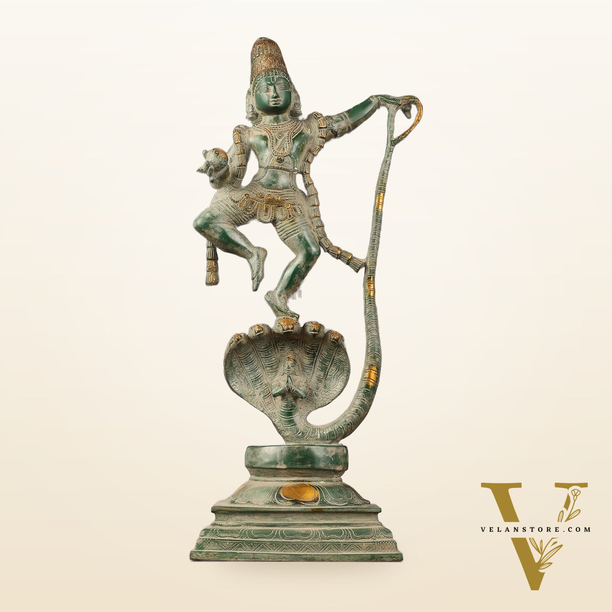 Brass Lord Krishna Dancing on Kaliya Naag Statue - Antique Sand Finish 20"