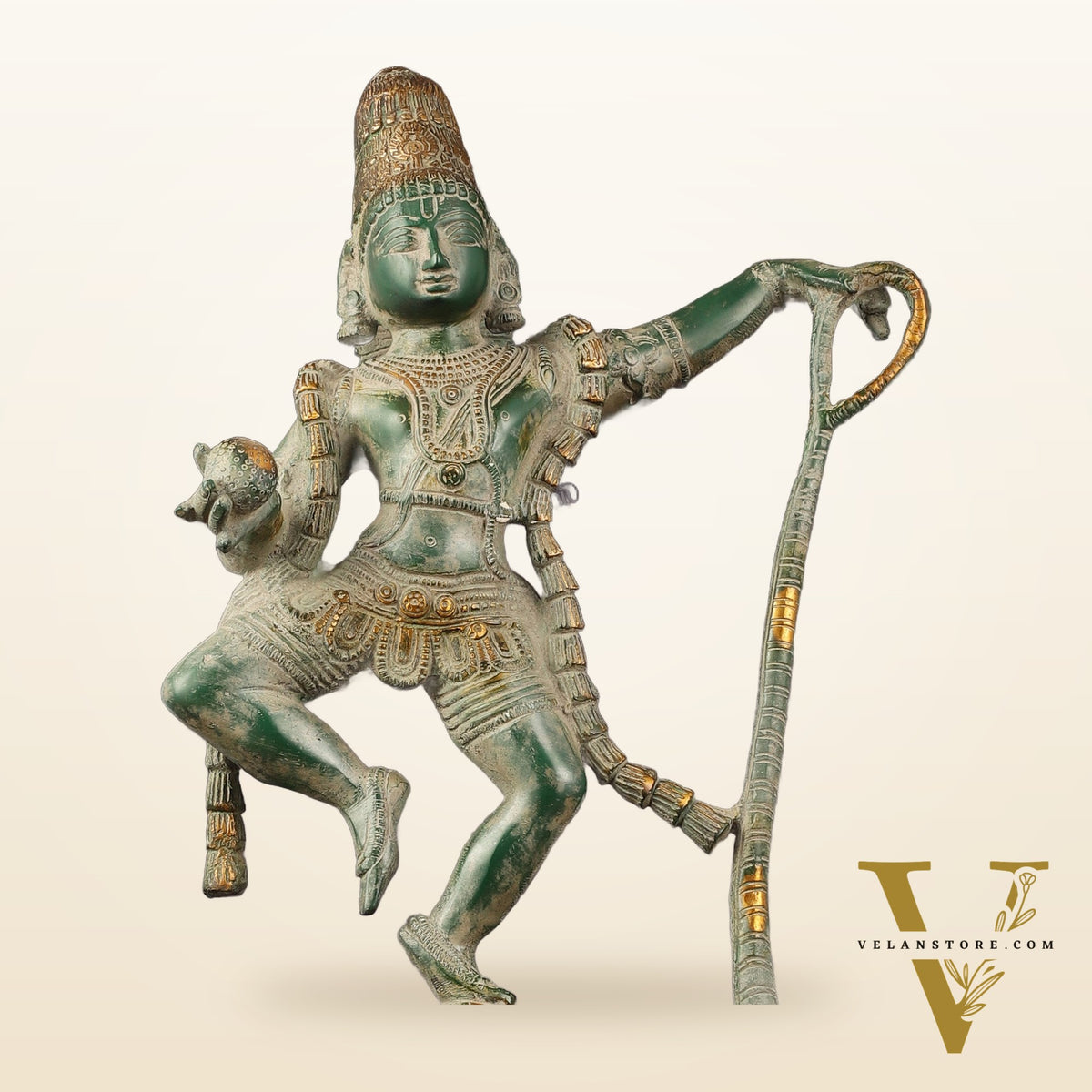 Brass Lord Krishna Dancing on Kaliya Naag Statue - Antique Sand Finish 20"