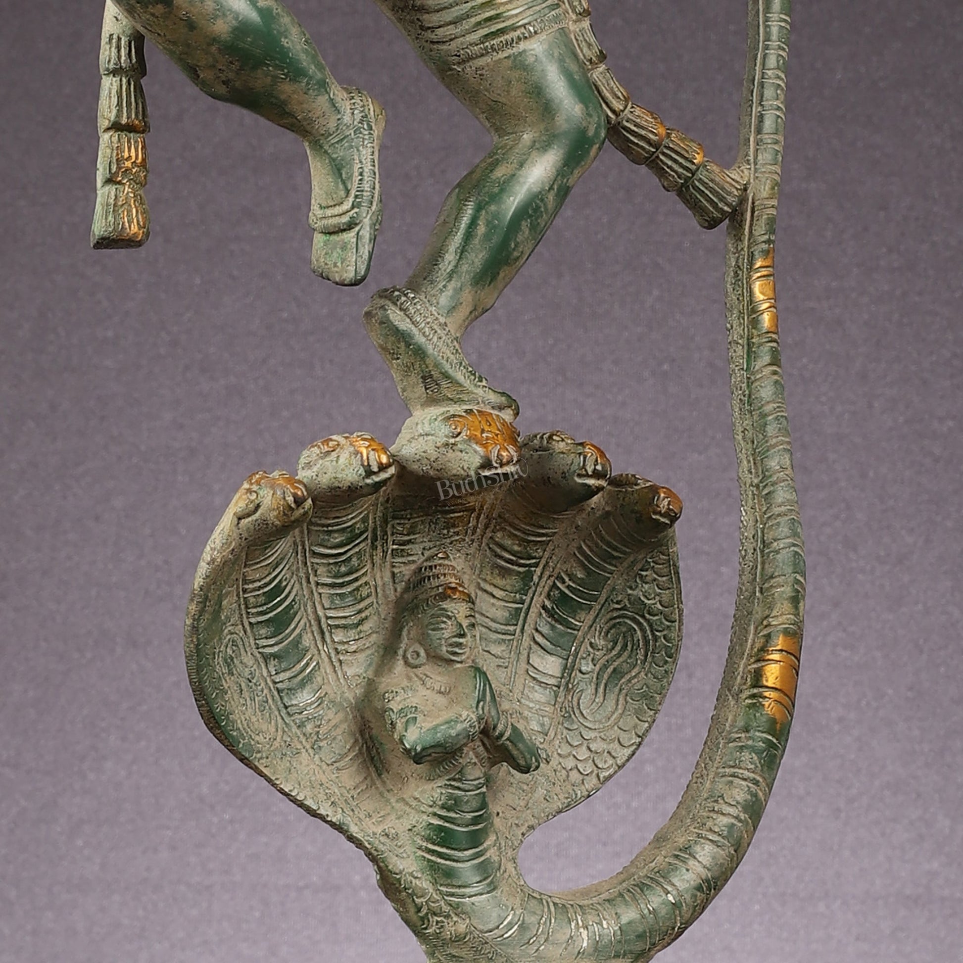 Brass Lord Krishna Dancing on Kaliya Naag Statue - Antique Sand Finish 20"