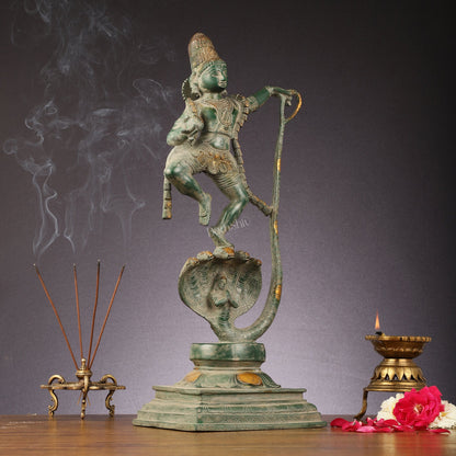 Brass Lord Krishna Dancing on Kaliya Naag Statue - Antique Sand Finish 20"