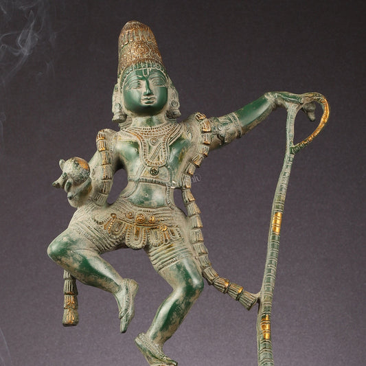Brass Lord Krishna Dancing on Kaliya Naag Statue - Antique Sand Finish 20"