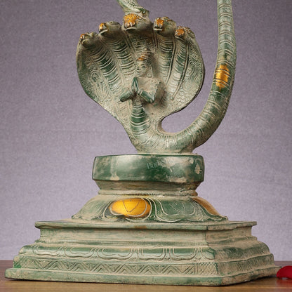 Brass Lord Krishna Dancing on Kaliya Naag Statue - Antique Sand Finish 20"