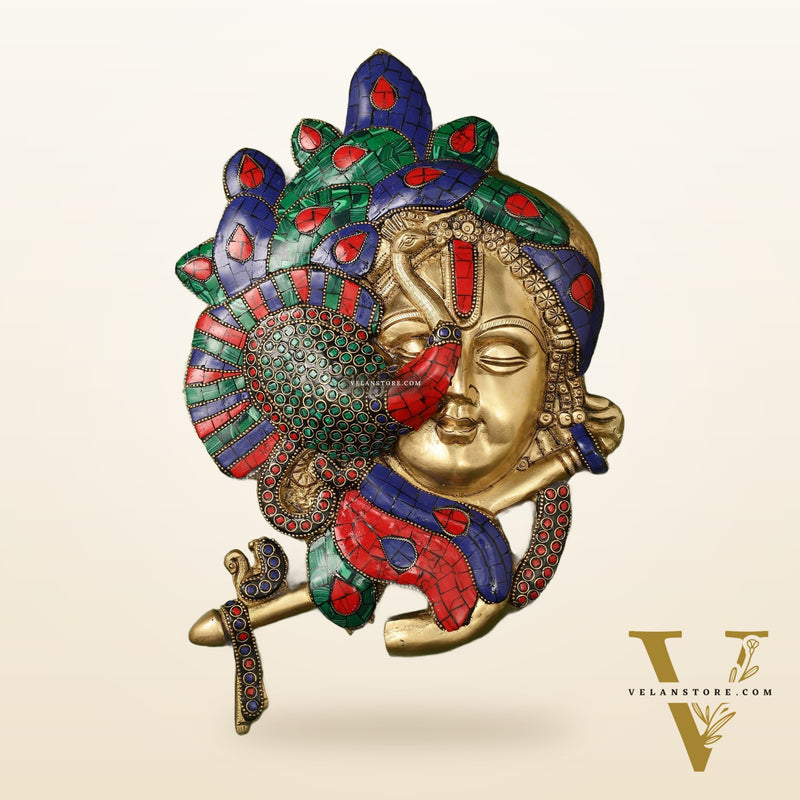 Brass Lord Krishna Face Wall Hanging with Peacock Design - 12.5 x 9 inch