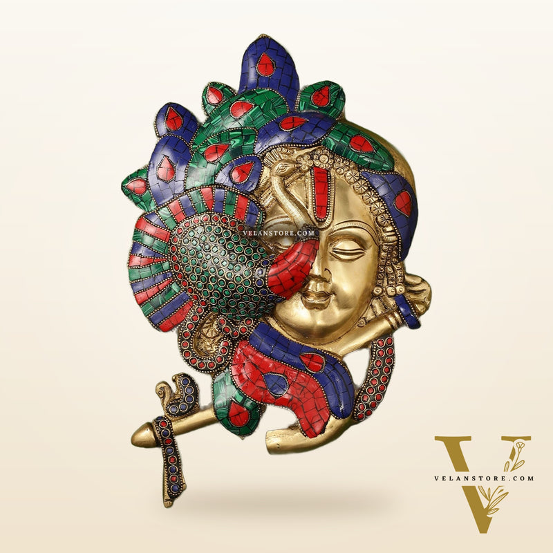 Brass Lord Krishna Face Wall Hanging with Peacock Design - 12.5 x 9 inch