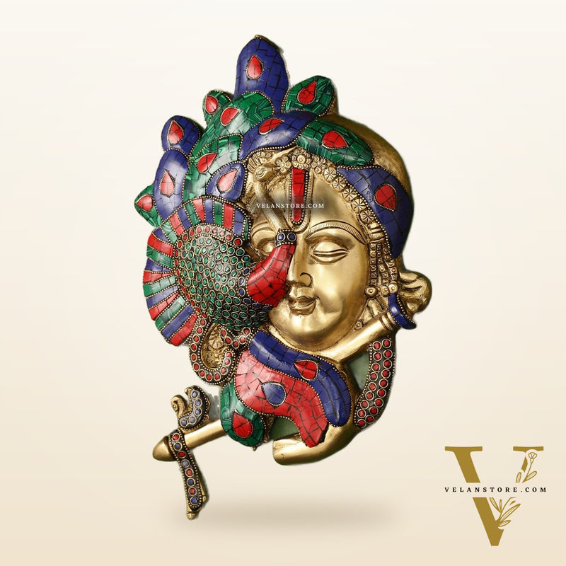 Brass Lord Krishna Face Wall Hanging with Peacock Design - 12.5 x 9 inch