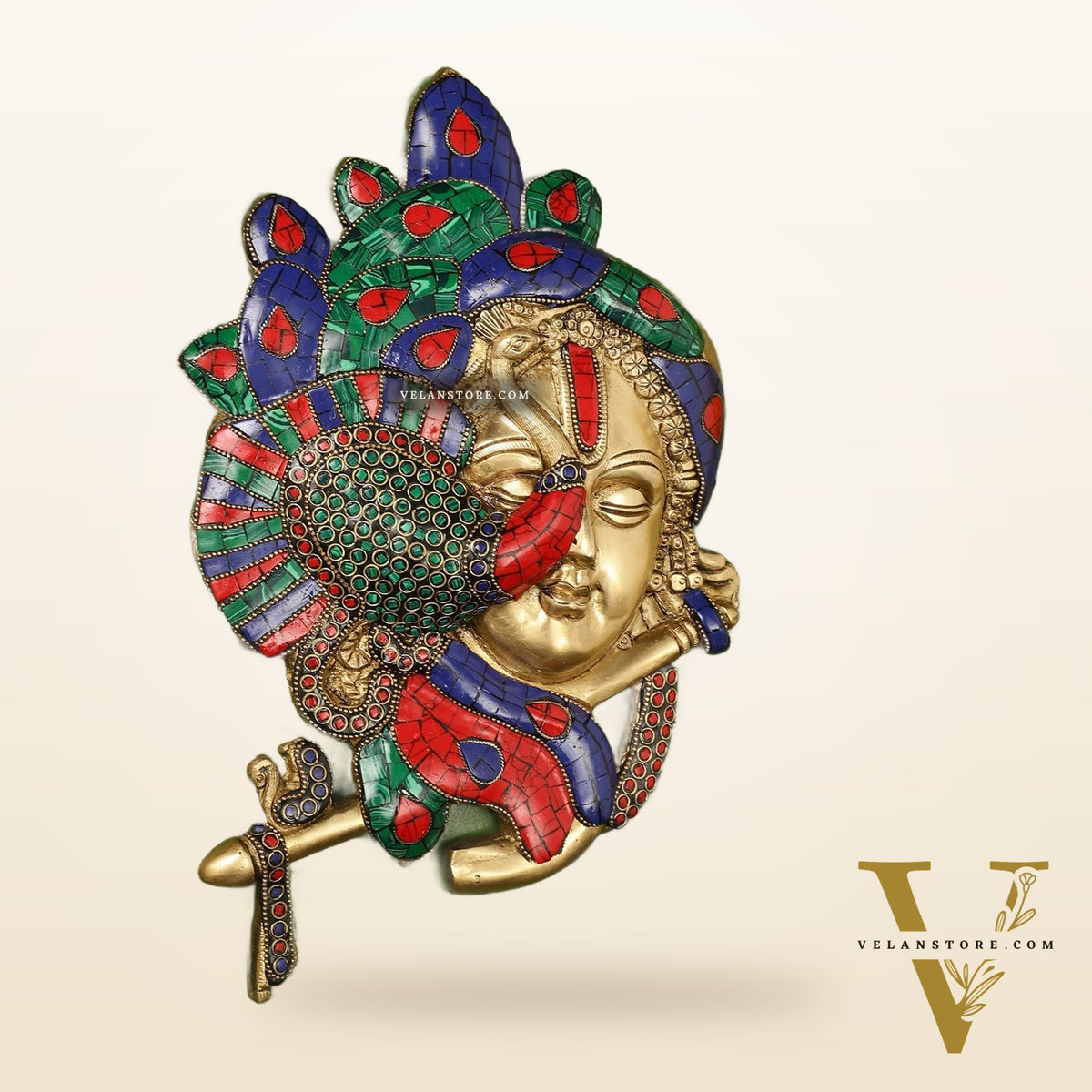 Brass Lord Krishna Face Wall Hanging with Peacock Design - 12.5 x 9 inch