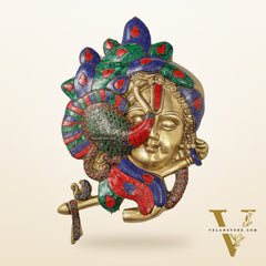 Brass Lord Krishna Face Wall Hanging with Peacock Design - 12.5 x 9 inch