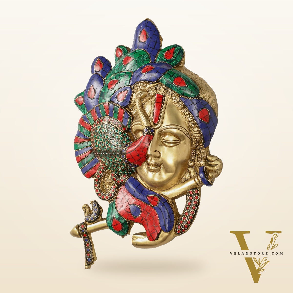 Brass Lord Krishna Face Wall Hanging with Peacock Design - 12.5 x 9 inch