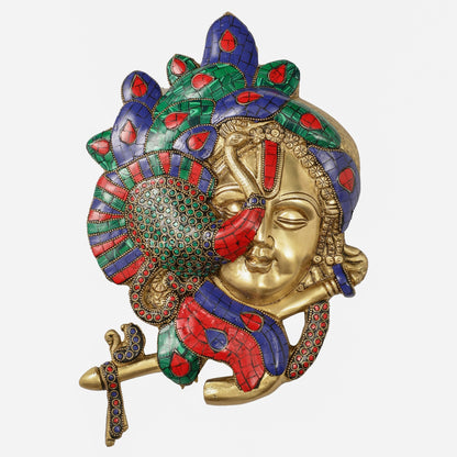 Brass Lord Krishna Face Wall Hanging with Peacock Design - 12.5 x 9 inch