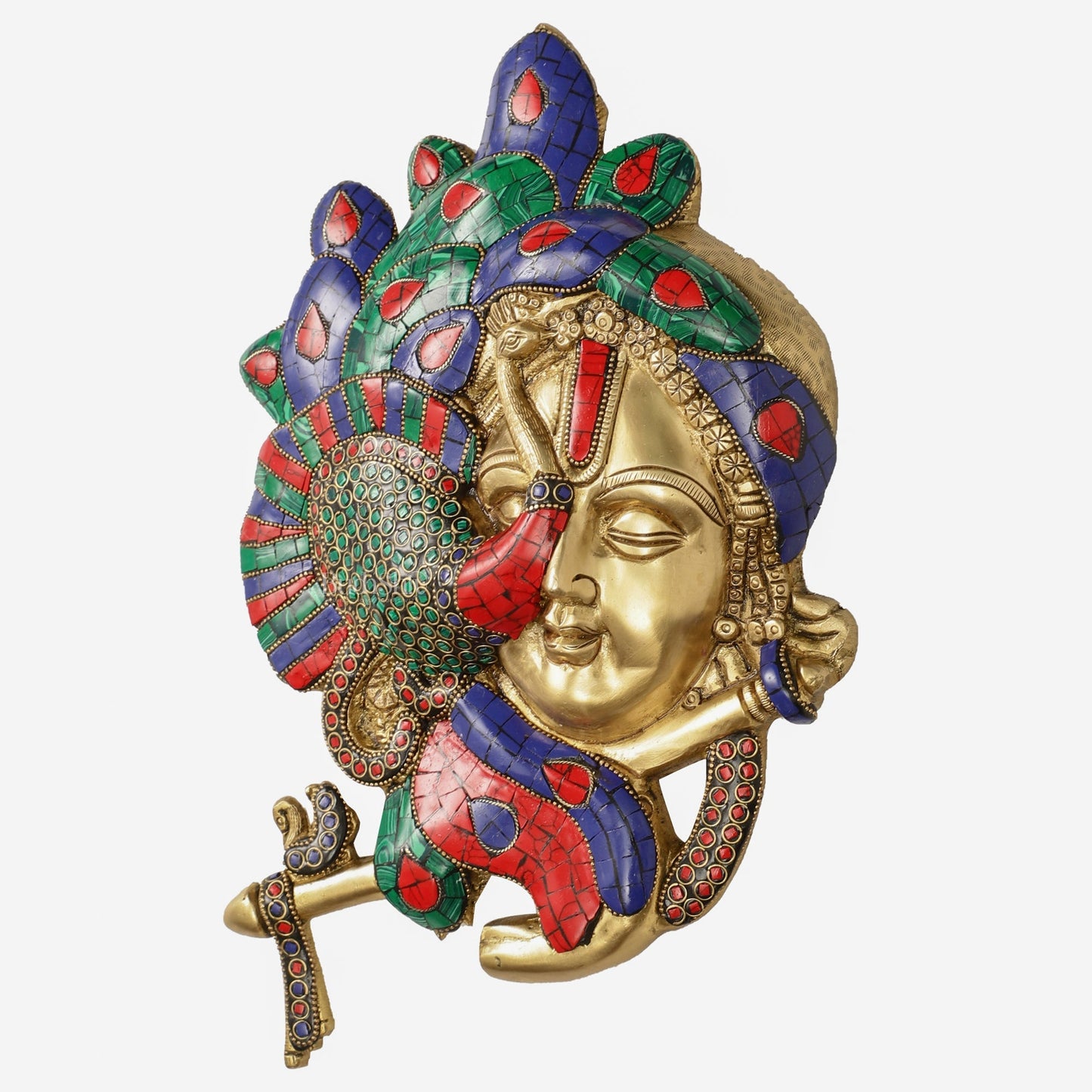 Brass Lord Krishna Face Wall Hanging with Peacock Design - 12.5 x 9 inch