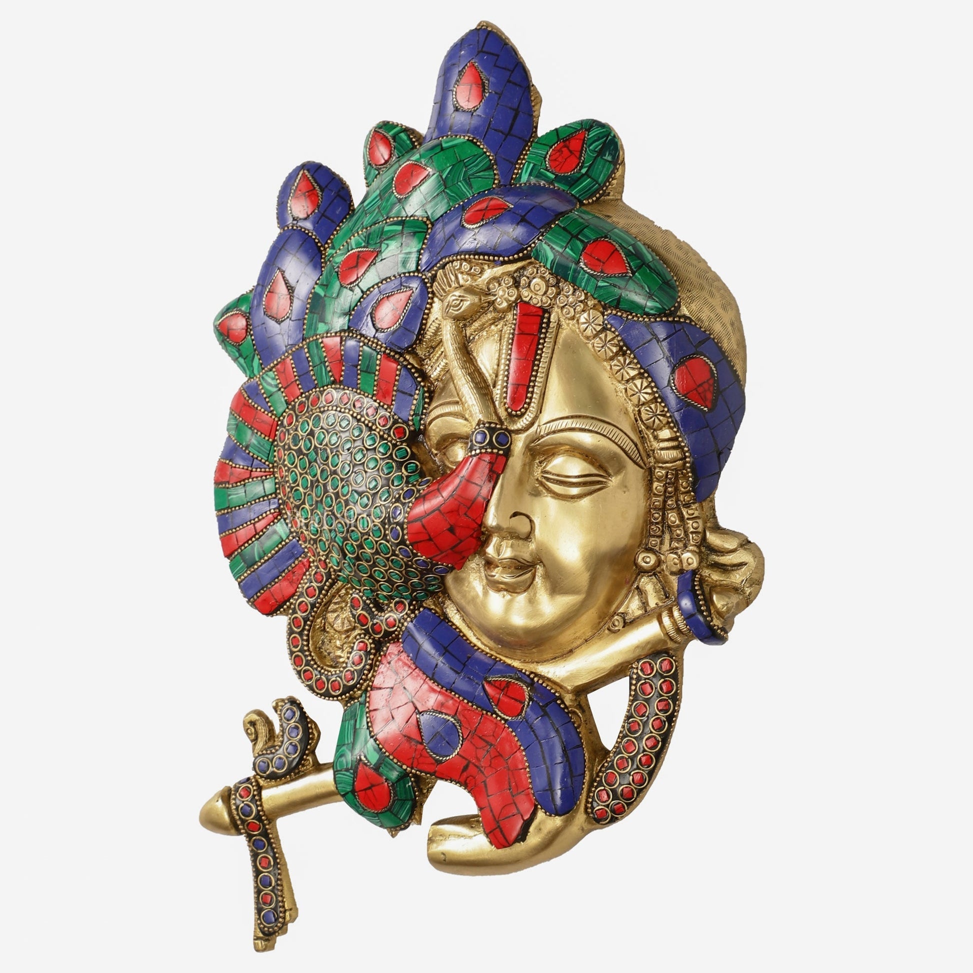 Brass Lord Krishna Face Wall Hanging with Peacock Design - 12.5 x 9 inch