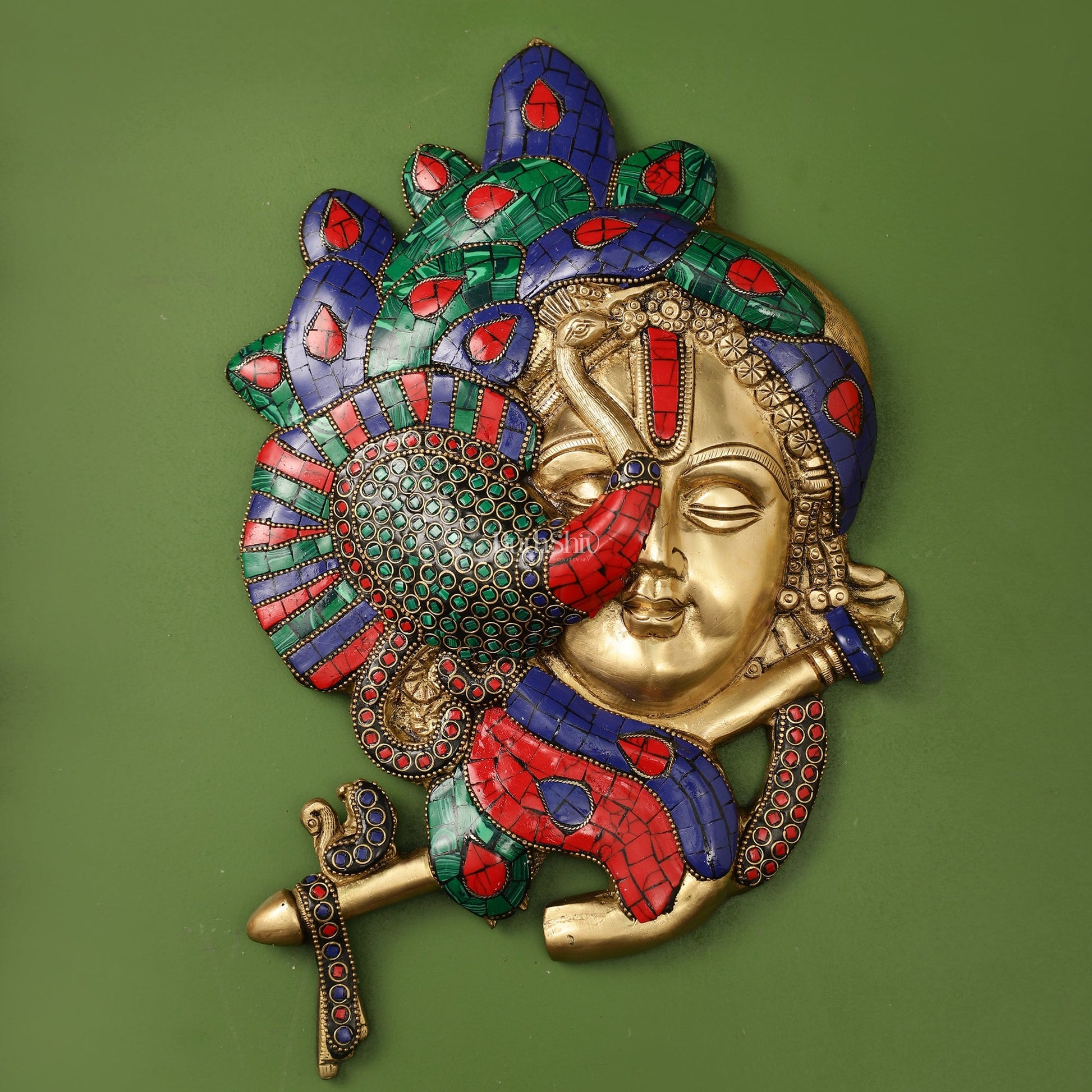 Brass Lord Krishna Face Wall Hanging with Peacock Design - 12.5 x 9 inch